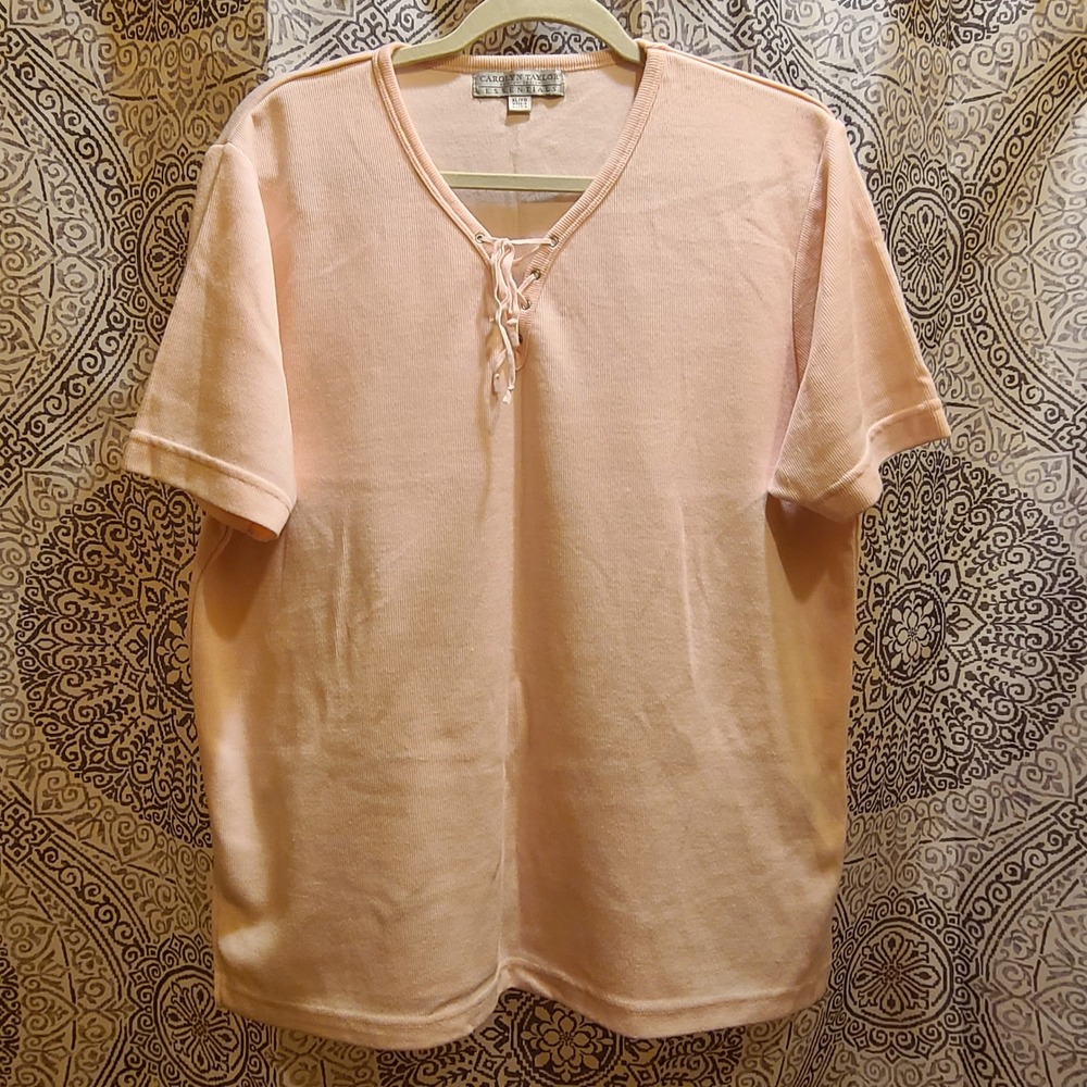Carolyn Taylor Knit Top Women XL Baby Pink Ribbed Lace Up V-Neck Short Sleeve